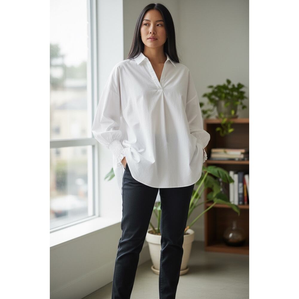 Pure Collection Long Sleeve White Cotton Pullover Blouse, Women's Size 14/16